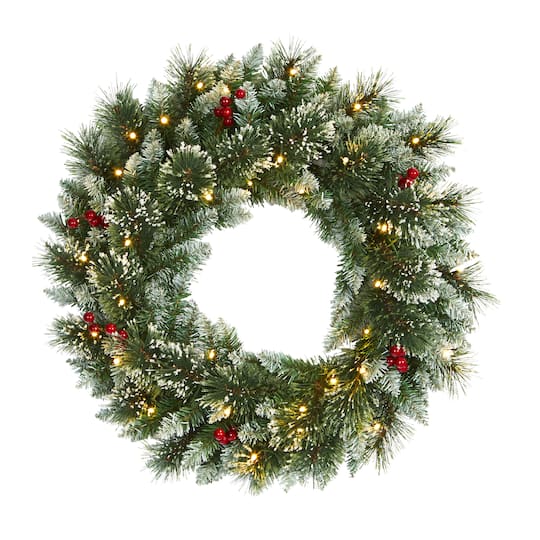24&#x22; LED Frosted Swiss Pine &#x26; Berry Artificial Wreath